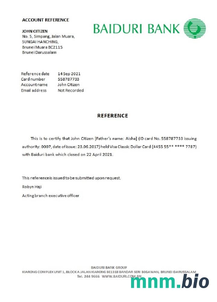 Przykład odniesienia do zamknięcia banku Brunei Baiduri w formatach Word i PDF